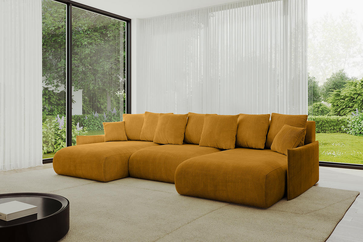 WOHNLANDSCHAFT mit Schlaffunktion und Bettkasten ONESK-U-v1 304x165x40 Senfgelb Cord - Currygelb, Holzwerkstoff/Kunststoff (304/90/165cm) - ALTDECOR