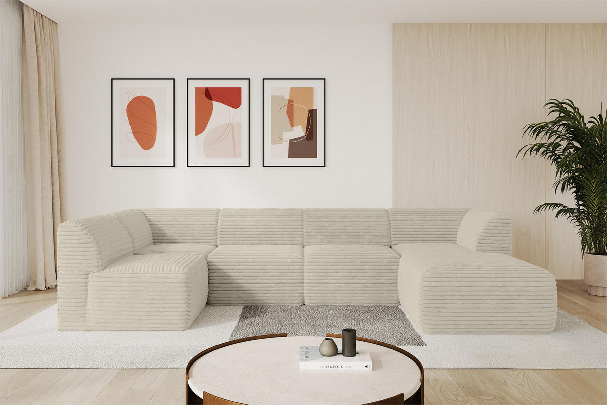 WOHNLANDSCHAFT Ottomane Rechts MOVO-L 345x180x78 cm Creme Cord - Ecru, Holzwerkstoff/Kunststoff (180/78/345cm) - ALTDECOR