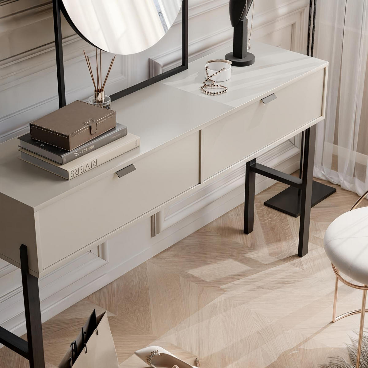 KONSOLENTISCH Calma Sandbeige, mit Schubladen - Beige/Schwarz, Holzwerkstoff (37/140/83cm) - Bettso