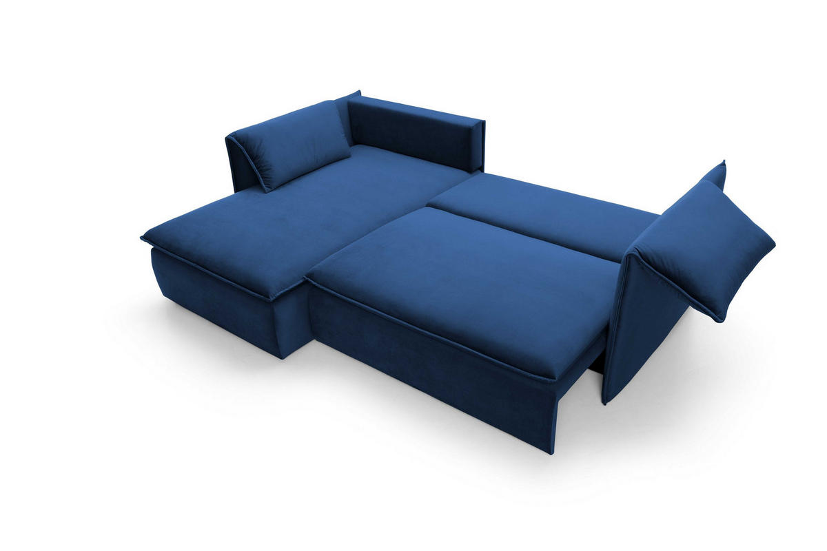 ECKSOFA PREGIO Blau Plüsch-Stoff mit Schlaffunktion - Blau, Holz (230/166cm) - MASSENO