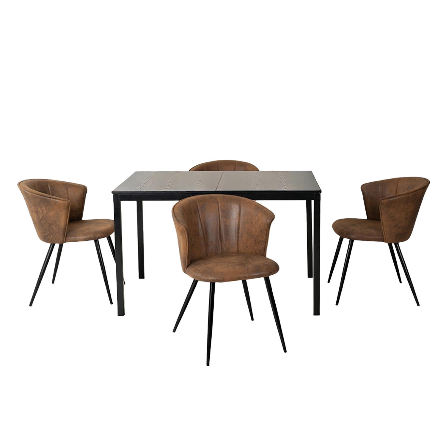 ESSTISCH-SET mit 4 Stühlen, Ausziehbarer Esstisch, Schwarzer Tisch mit 6 Schalensesseln aus Wildlederimitat - Schwarz/Braun, Textil/Metall (53.5/74.5/51cm) - Meubles Cosy