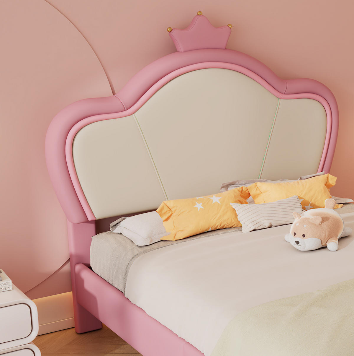 KINDERBETT 90/200 cm aus PU mit Kronen-Kopfteil Rosa/Weiß - Weiß, Kunststoff (90/200cm) - Modenvie