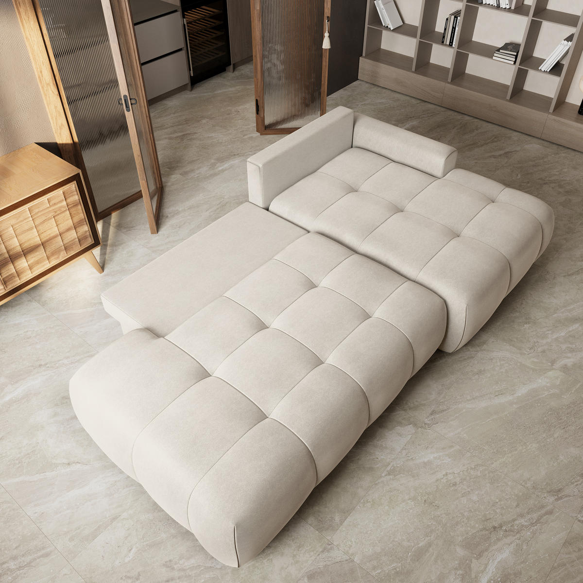 ECKSOFA FLUMA CL R-S Creme Samtstoff mit Schlaffunktion - Creme, Holzwerkstoff/Textil (279/158cm) - MASSENO