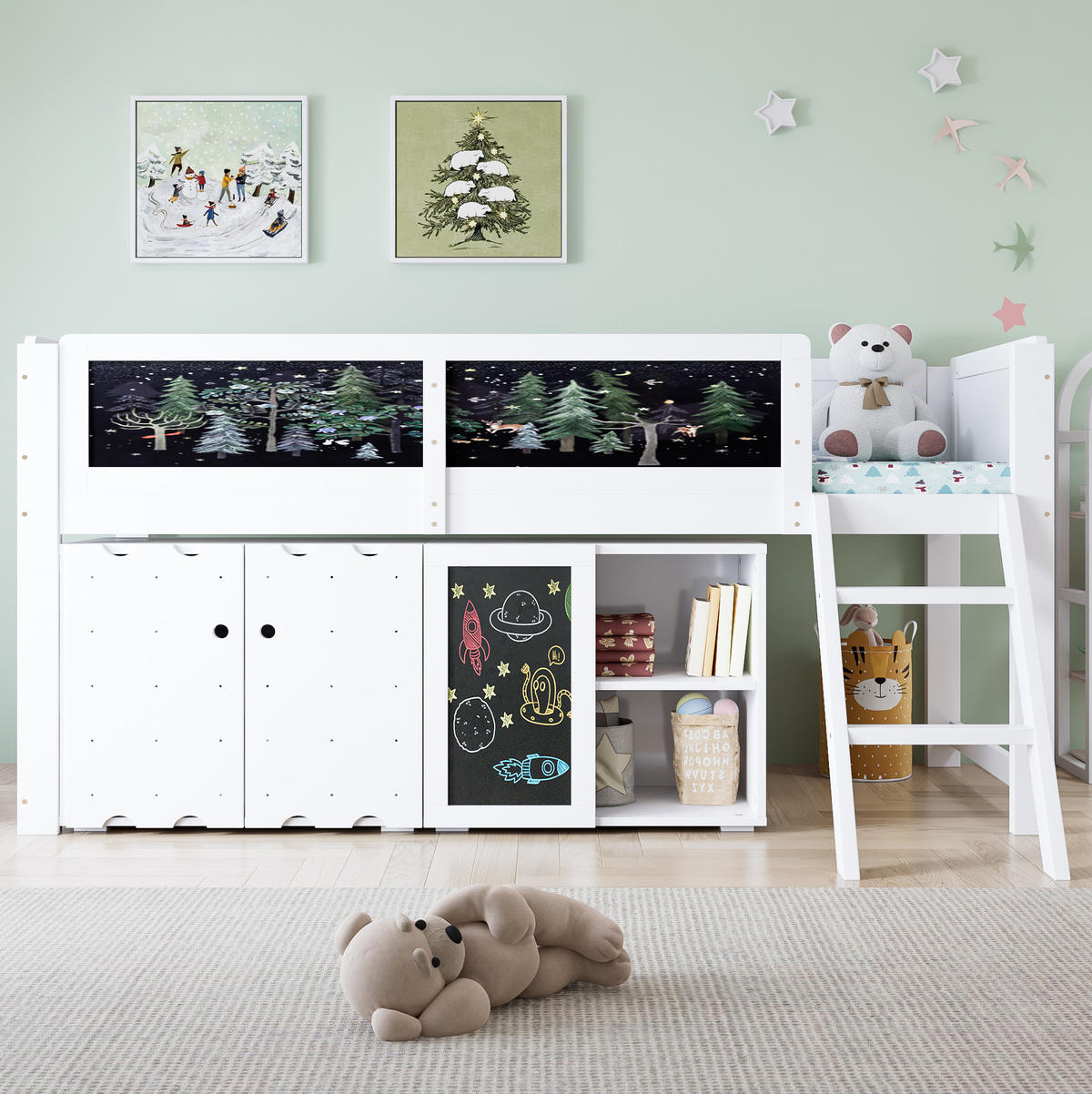 HOCHBETT 90/200 cm in Weiß mit Stauraumschrank und Kreidetafel - Weiß, Holzwerkstoff (90/200cm) - Flora Grace