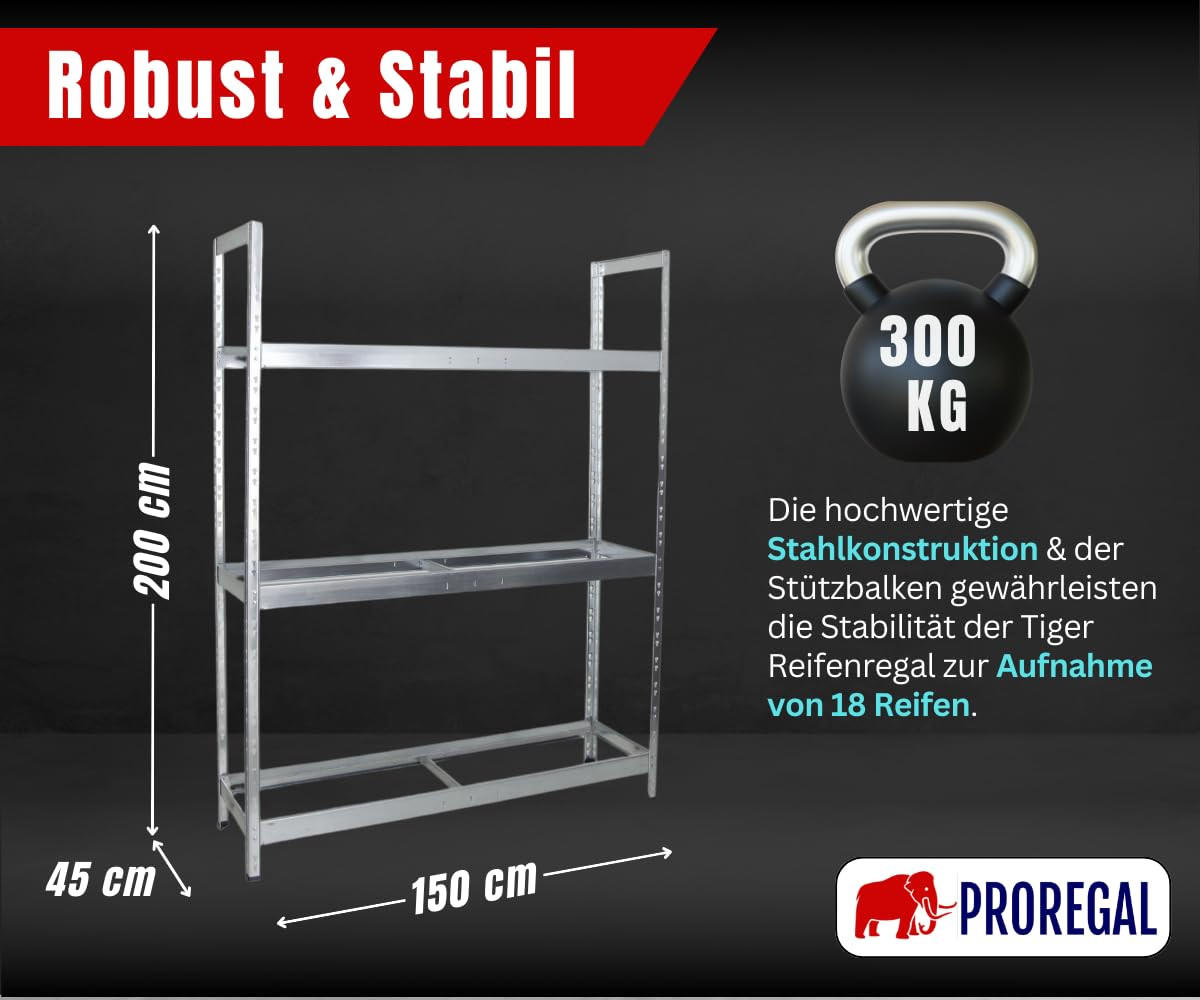 REIFENREGAL Tiger XL 200x150x45 cm 300 kg Fachlast bis zu 18 Reifen auf 3 Ebenen Verzinkt - Silberfarben, Metall (150/200/45cm) - PROREGAL