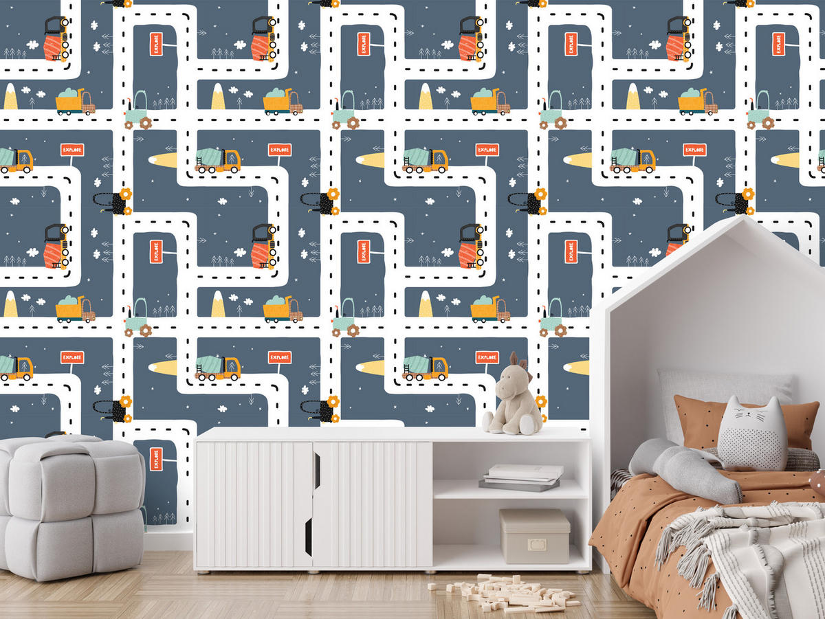 VLIESTAPETE Straßen und Fahrzeuge – Blau, Grau, Gelb – 50x1000 cm - Blau/Gelb, Papier (50/1000cm) - Muralo