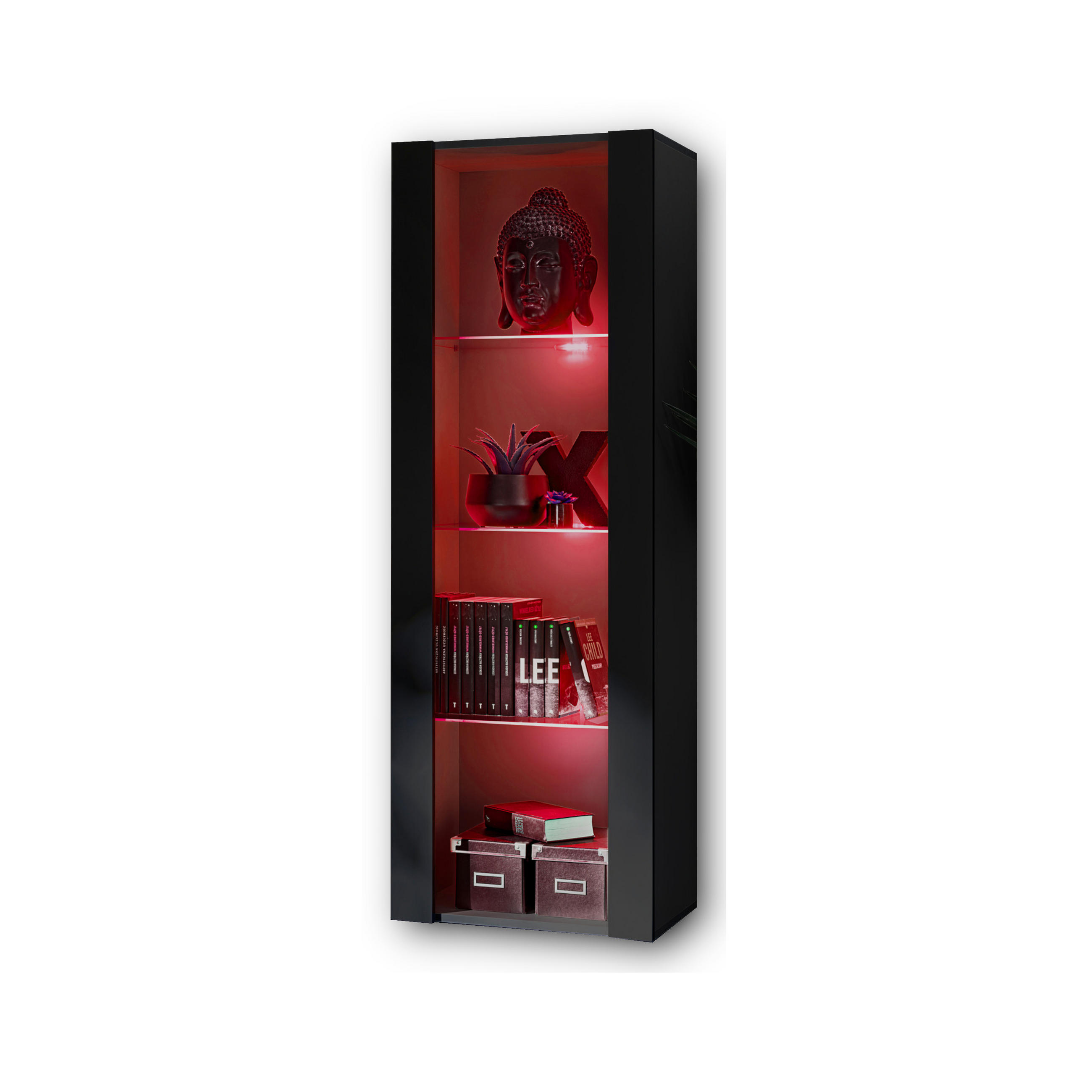 VITRINE TIVOLI, Schwarz + Schwarz, LED Mehrfarbige - Schwarz, Glas/Holzwerkstoff (55/159/35cm) - Komodee