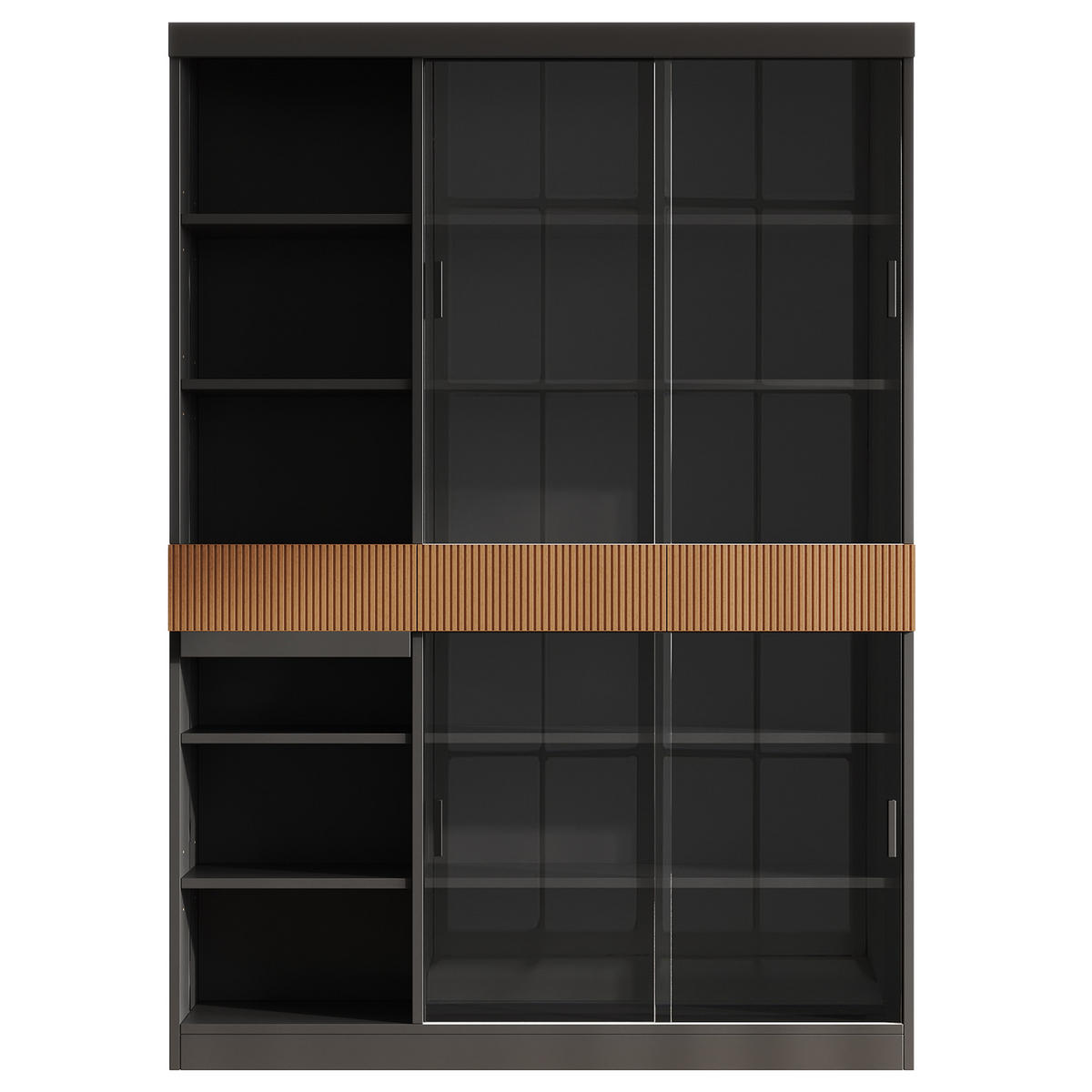 VITRINE 120x28,5x180 cm mit LED und Schiebetüren - Schwarz/Braun, Holzwerkstoff (120/180/28.5cm) - FLIEKS