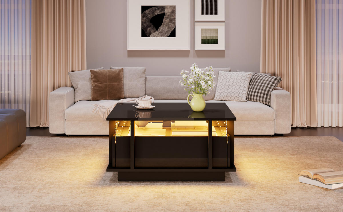 COUCHTISCH 70/70/35 cm Schwarz aus Holzwerkstoff mit LED-Beleuchtung und 2 Schubladen - Schwarz, Holzwerkstoff (70/70/35cm) - OKWISH