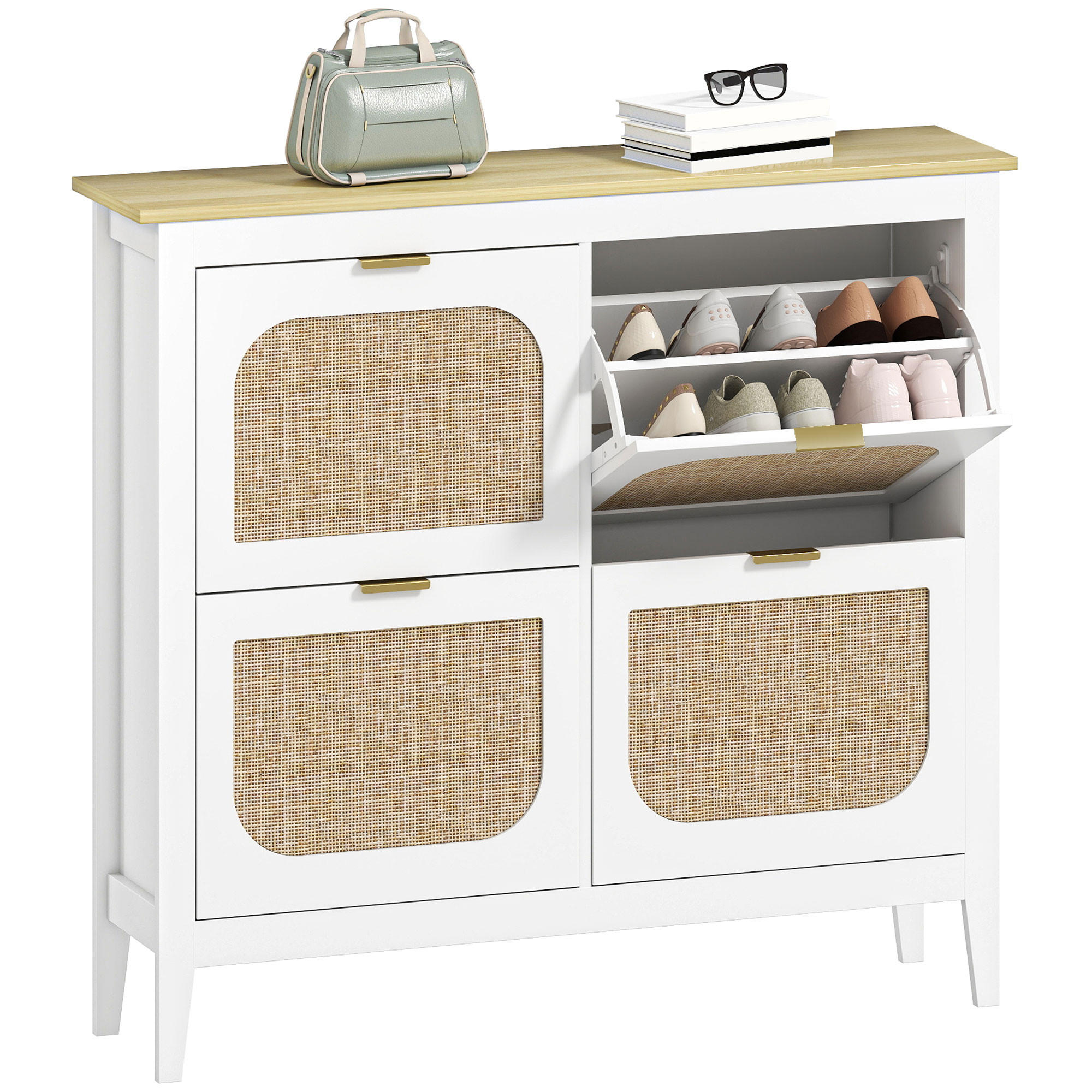 SCHUHSCHRANK,SCHMAL 4 Rattantüren für 20 Paar 105x24x95,5cm,weiß - Weiß, Holzwerkstoff (105/95.5/24cm) - Vallsero
