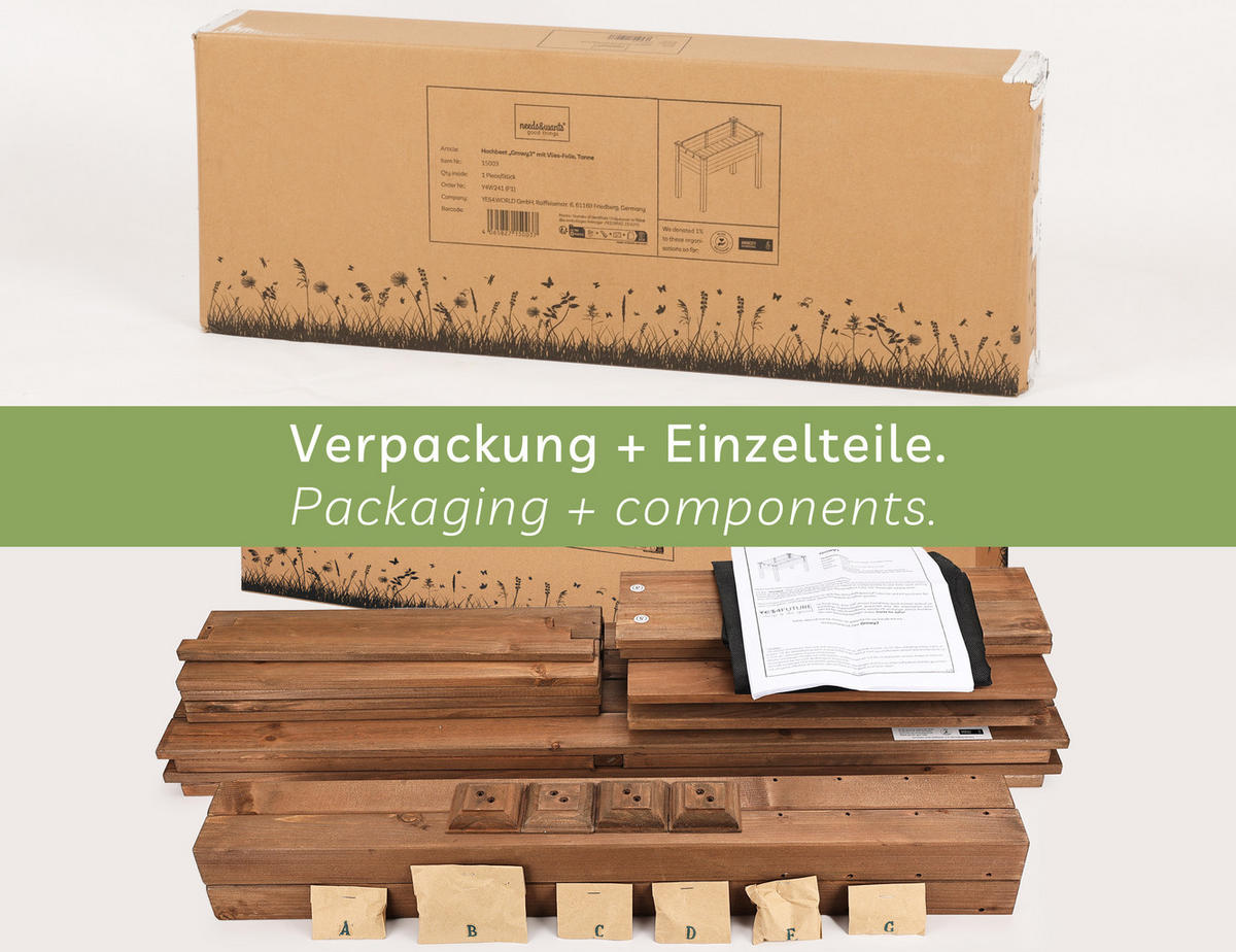 HOCHBEET aus Holz für Garten & Balkon, rechteckig mit Vlies-Folie - Braun, Holz (100/75/50cm) - needs&wants