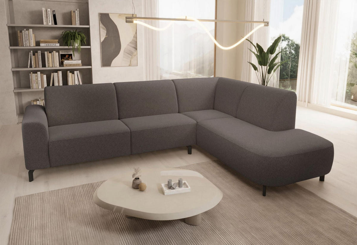 ECKSOFA Lununa Graubraun mit Armlehne, Bouclé, Ottomane rechts - Taupe/Schwarz, Textil/Metall (218/277cm) - Selsey
