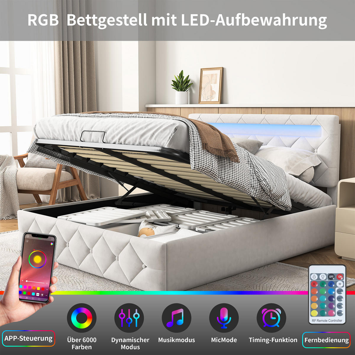 POLSTERBETT 140x200, Stauraumbett mit Bettkasten und Lattenrost, LED, Samt, beige - Beige, Holzwerkstoff/Textil (140/200cm) - GENKI LIVING