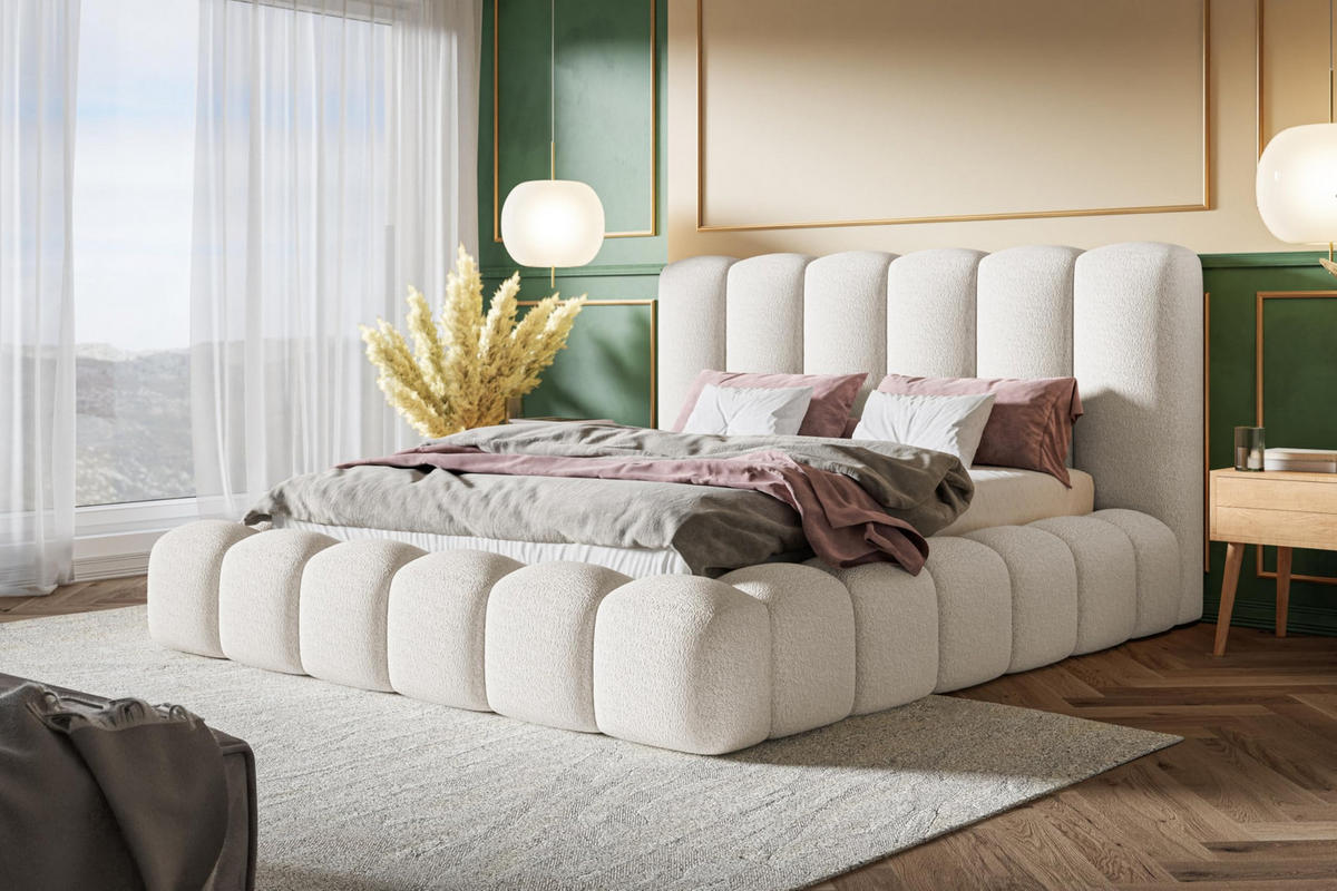 BETT 140x200 - Polsterbett mit Bettkasten und Metallrahmen - Modern Bett - Eleganter Catch Me-Stoff - Kollektion Nora Maxi - Weiß - Weiß, Holz/Textil (140/200cm) - Alpi-Möbel