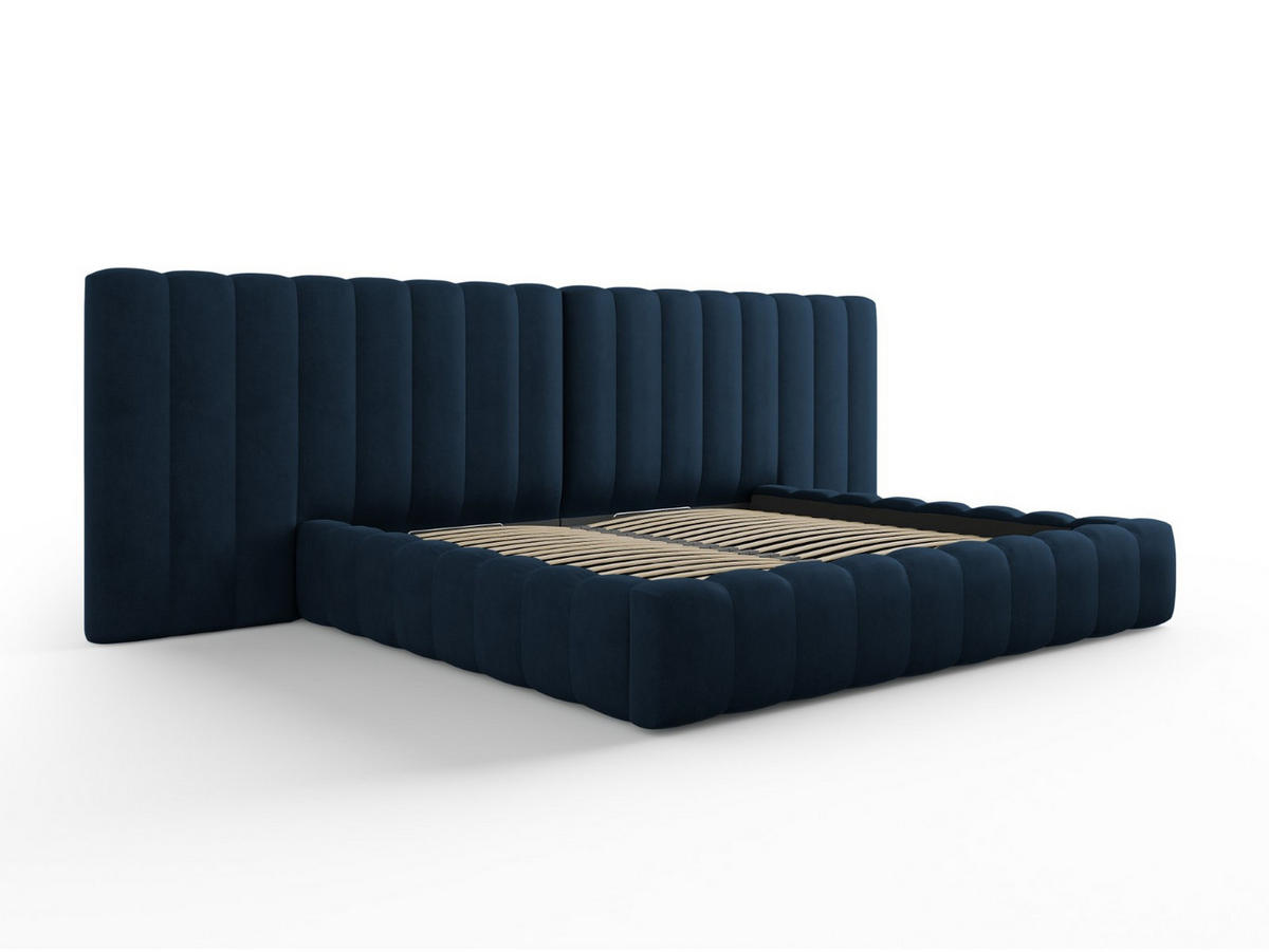 BETT mit Bettkasten und Doppelkopfteil Kelp aus strukturiertem Stoff königsblau 200x200cm - Blau, Textil (200/200cm) - Micadoni