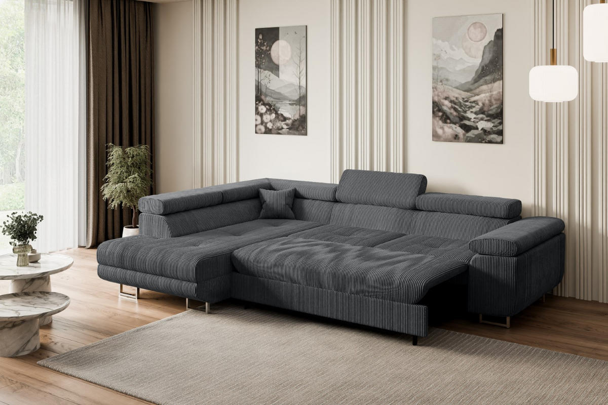 ECKSOFA mit Schlaffunktion und Bettkasten GUSA-L 272x202x107 cm Grau Cord - Dunkelgrau/Silberfarben, Holzwerkstoff/Textil (202/272cm) - ALTDECOR
