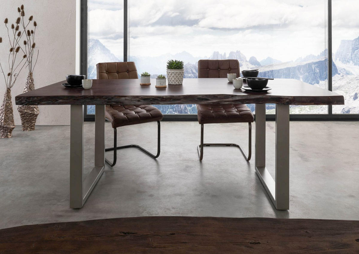 BAUMTISCH Akazie 220x100x77 braun lackiert / U-Beine silber matt FREEFORM 5 - Silberfarben/Braun, Holz (220/100/77cm) - Massivmoebel24