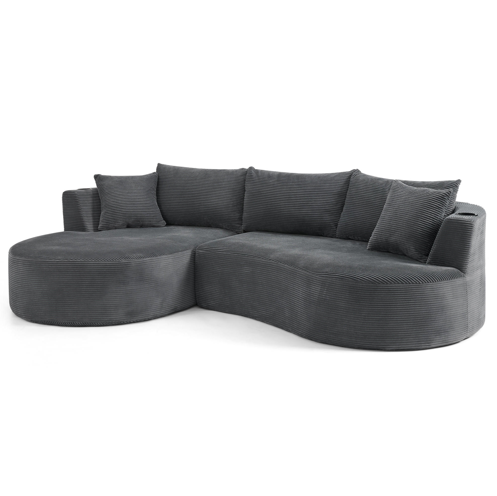 3-SITZER-SOFA mit Getränkehaltern, Kissen und bogenförmigem Design aus weichem Kordstoff, Grau - Grau, Kunststoff (264/76/168cm) - Redom