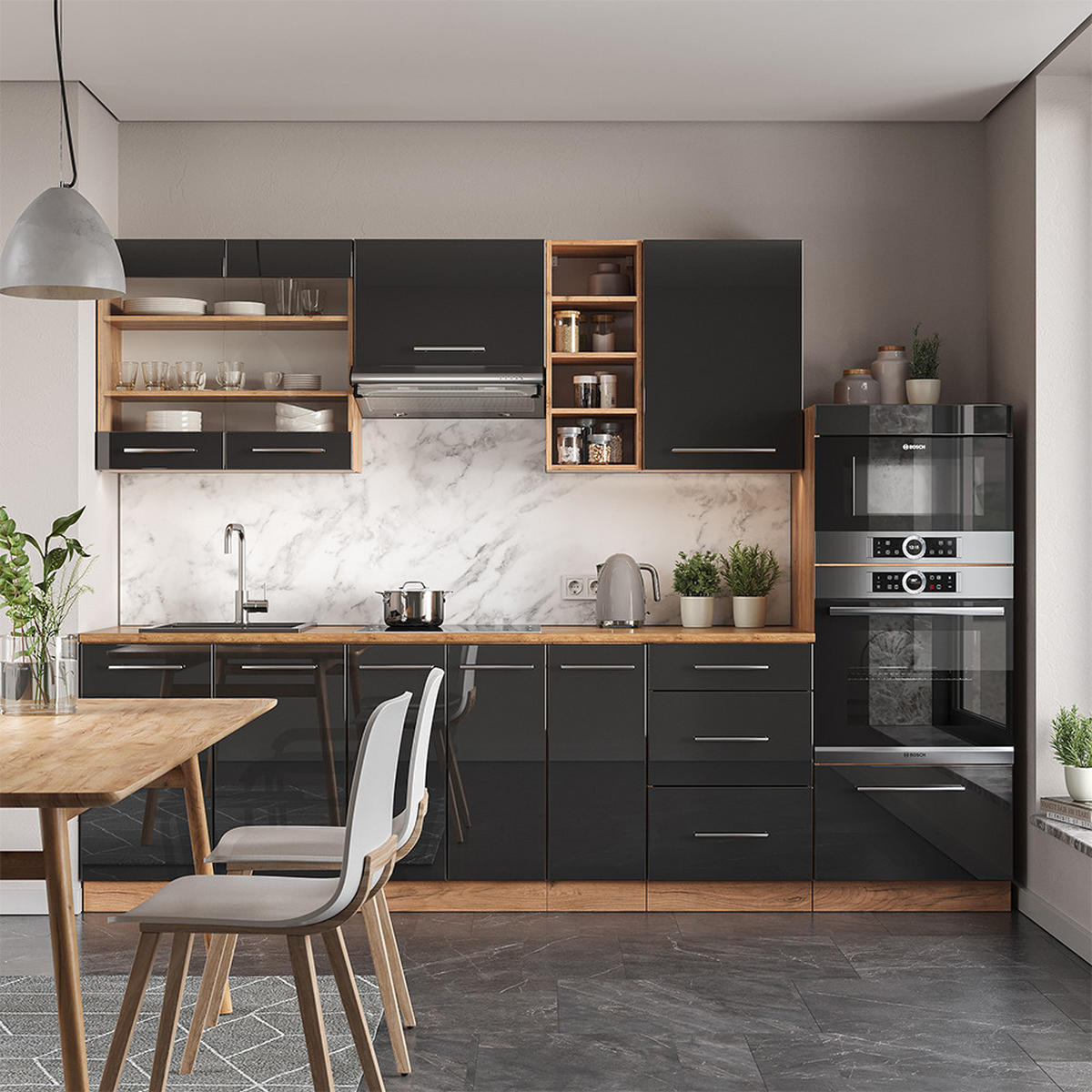 KÜCHENZEILE Fame-Line Anthrazit Hochglanz/Goldkraft Eiche 280 cm AP Anthrazit - Honigeiche/Anthrazit, Holzwerkstoff (280/81.6/60cm) - Vicco