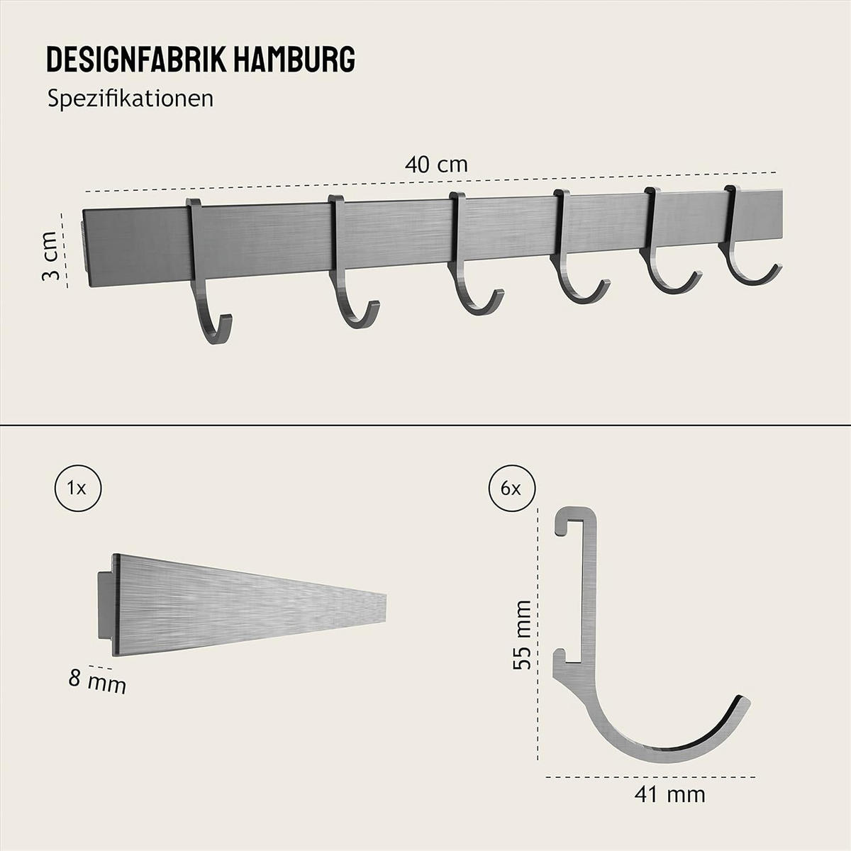 HAKENLEISTE KÜCHE SELBSTKLEBEND Silbergrau Gebürstet ohne Bohren - Silberfarben, Metall (40/3/1cm) - Designfabrik Hamburg