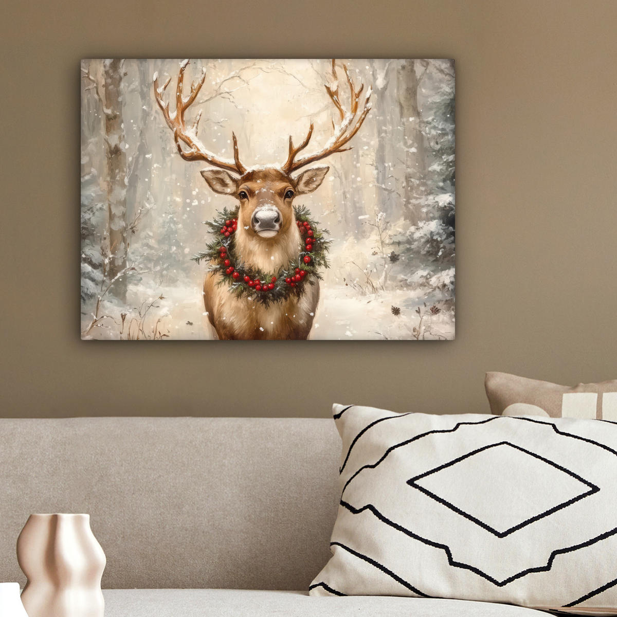 LEINWANDBILD Weihnachten - Rentier - Winter - Kranz 40x30 cm - Naturfarben, Textil (40/30cm) - MuchoWow