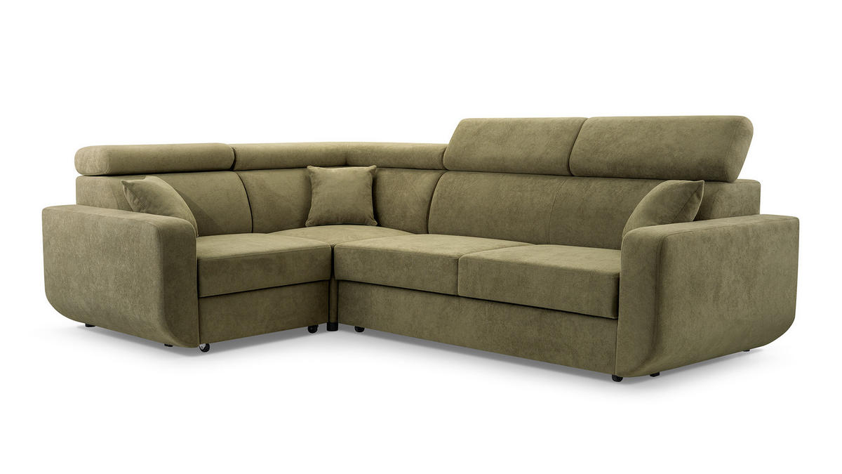ECKSOFA RENO Grün Plüsch-Stoff mit Schlaffunktion - Grün, Holz (263/184cm) - MASSENO