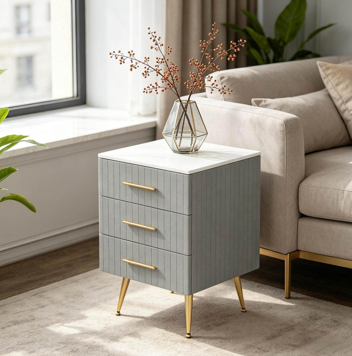NACHTTISCH aus MDF mit Samt 41x40,5x62 cm Grau mit 3 Schubladen und goldfarbenen Metallbeinen - Grau, Holzwerkstoff (62/41/40.5cm) - Modfu