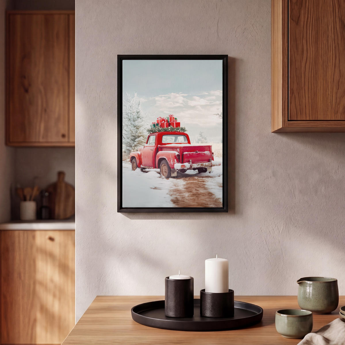 LEINWAND Bilder mit Rahmen - Auto - Rot - Geschenke - Winter - Schnee - Weihnachten - 20x30 - Rot, Textil (20/30cm) - MuchoWow