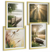 BILDER SET 4er Set - 50x50 cm & 40x60 cm Goldrahmen - See, Wald, Boot, Morgennebel - Goldfarben, Kunststoff (50/50cm) - TULUP