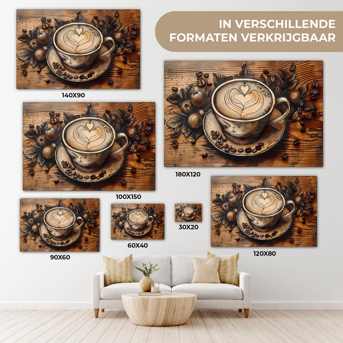 LEINWANDBILD Kaffee - Vintage - Braun - Tasse - Holz XXL 150x100 cm - Braun, Textil (150/100cm) - MuchoWow