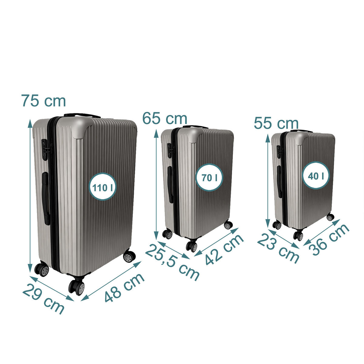 3-TLG.KOFFERSET - Silberfarben, Kunststoff (48/75/29cm) - Relaxdays