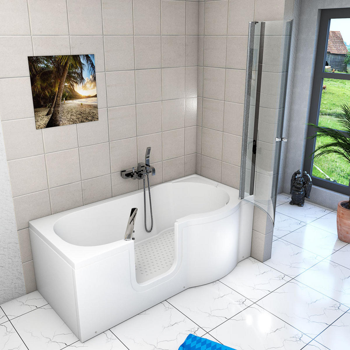 SENIORENDUSCHE mit Tür S12D-L-EC 170x85cm - Weiß, Glas/Kunststoff (170/85/200cm) - AcquaVapore by Sandra Jentho