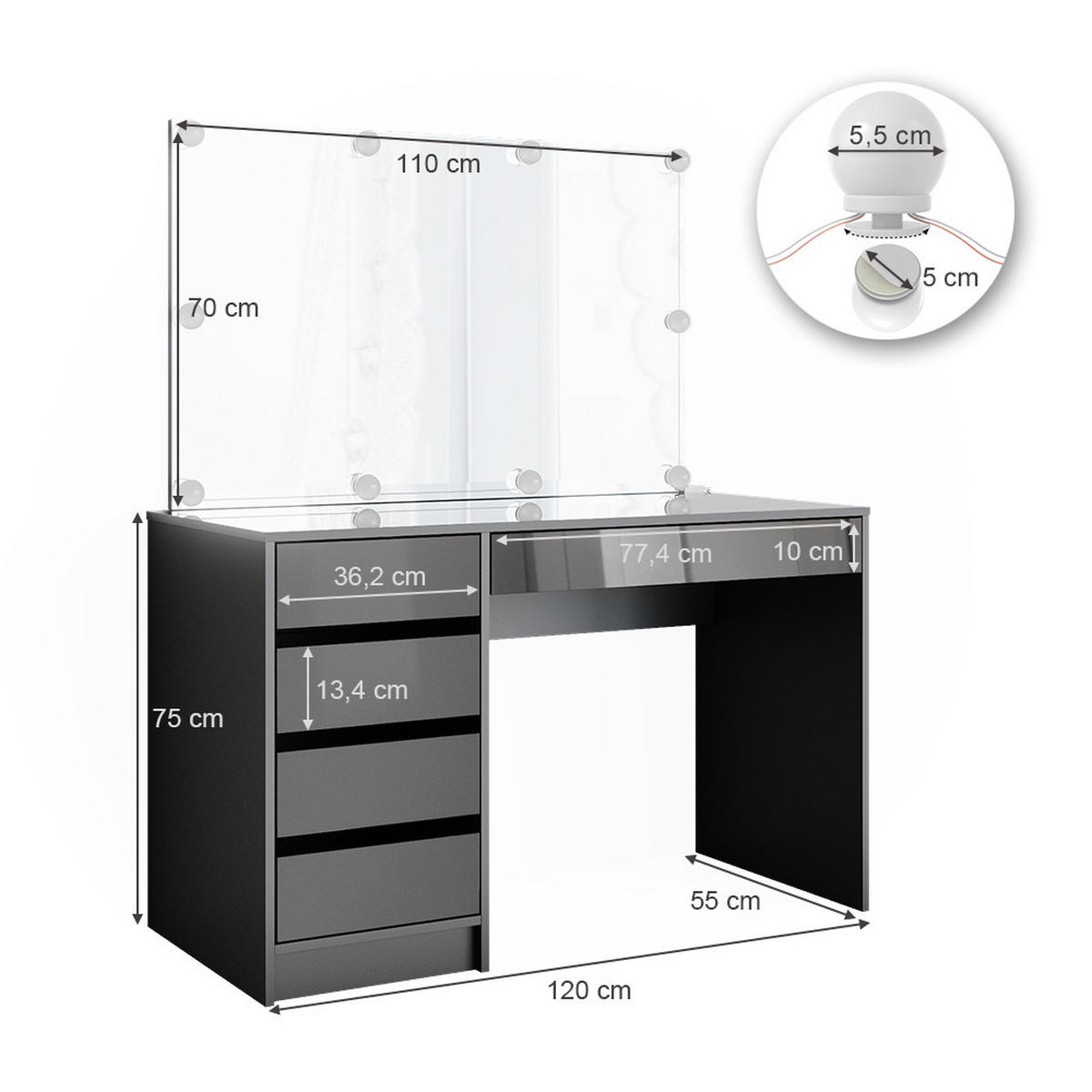 SCHMINKTISCH Sherry Anthrazit 120 cm mit LED Beleuchtung - Anthrazit, Holzwerkstoff (120/75/55cm) - Vicco