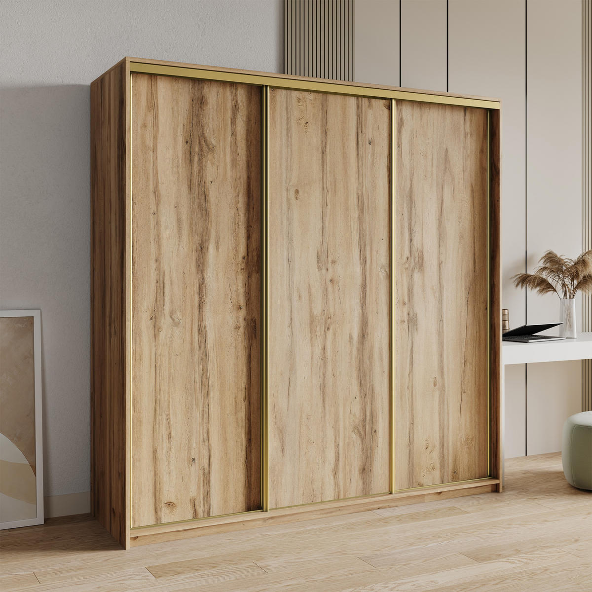 SCHWEBETÜRENSCHRANK NISSE 200/205/60 cm 3-türig Eiche Wotan - Eiche Wotan, Holzwerkstoff (200/205/60cm) - MASSENO