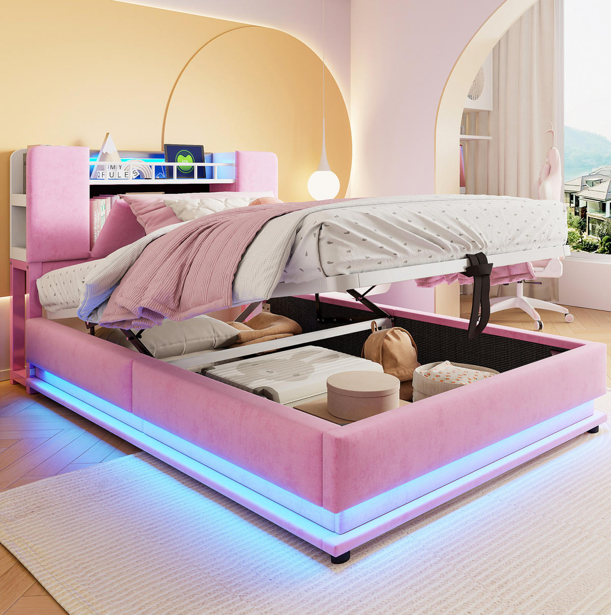 KINDERPOLSTERBETT aus Samt 90x200 cm Rosa mit LED-Beleuchtung, USB-Anschluss und hydraulischem Stauraum - Rosa, Textil (90/200cm) - IVMEU
