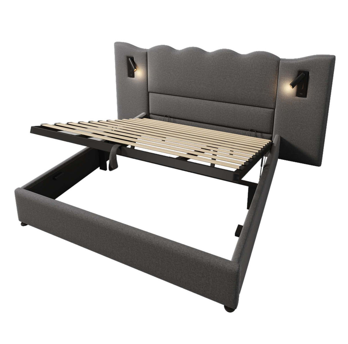 ČALÚNENÁ posteľ 252/215/111 cm sivá, ľan a kov s LED lampou a USB-C, úložná - sivá, textil (180/200cm) - BEAOK
