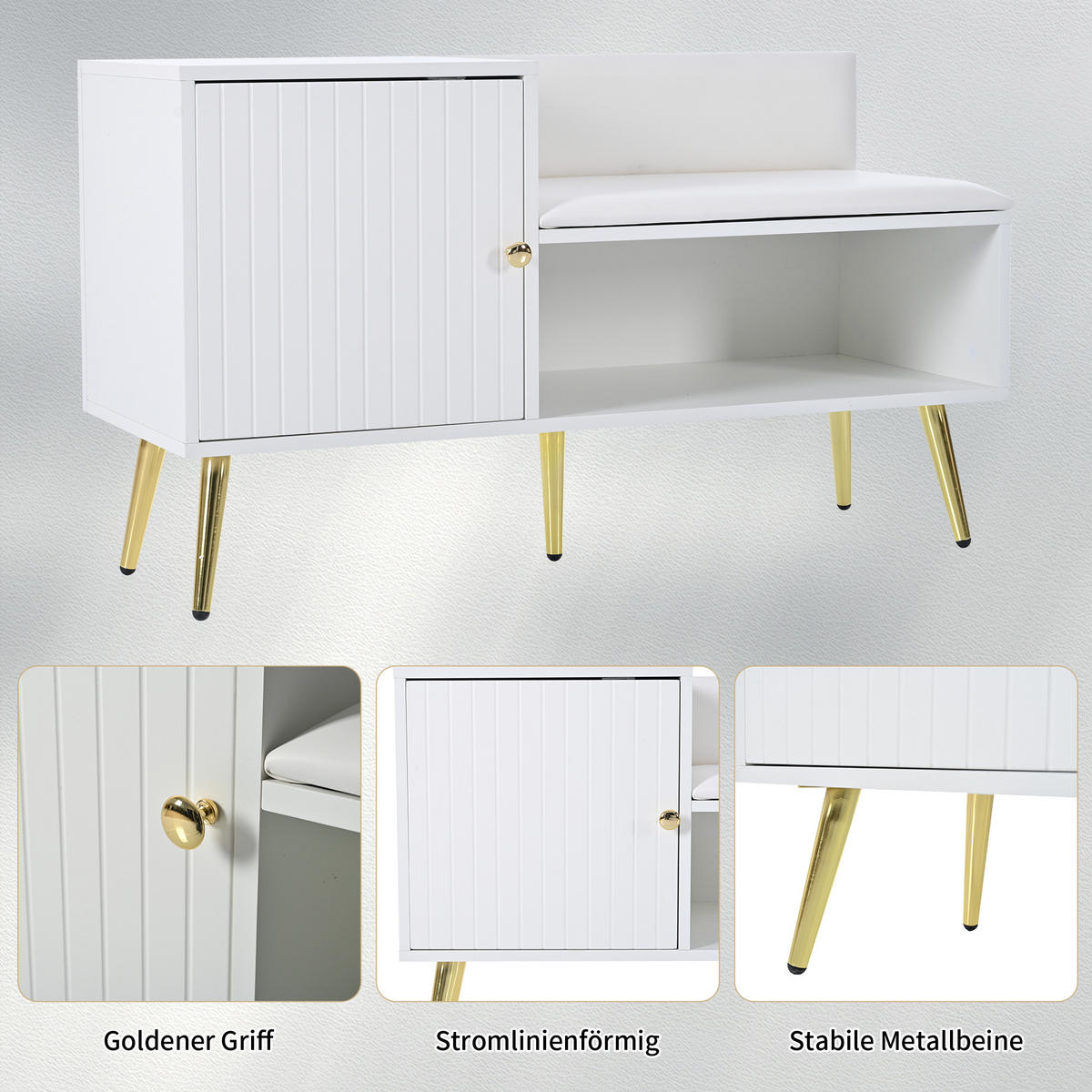 SCHUHBANK Weiß mit Metallgriffen und Metallbeinen - Weiß, Holzwerkstoff/Metall (100/58/38cm) - Kaket
