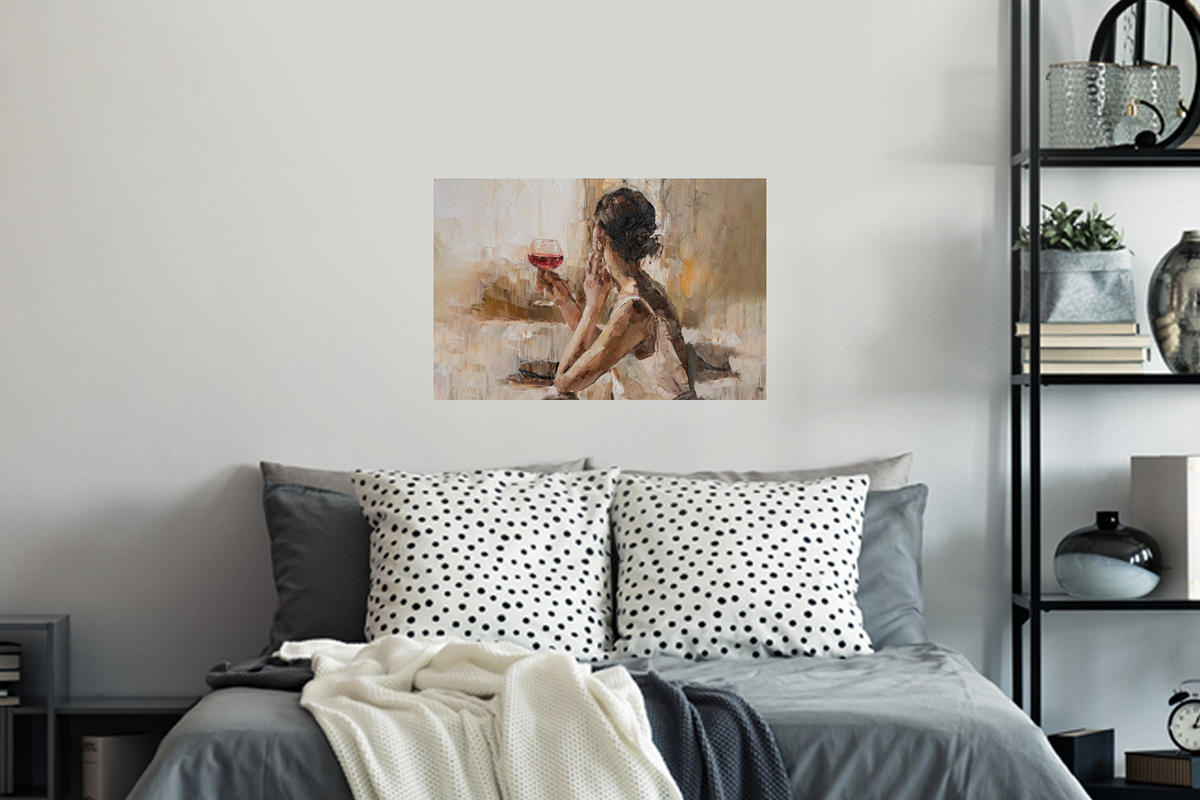 WANDTATTOO Ölgemälde - Frau - Wein 60x40 cm - Hellbraun, Kunststoff (60/40/0.1cm) - MuchoWow