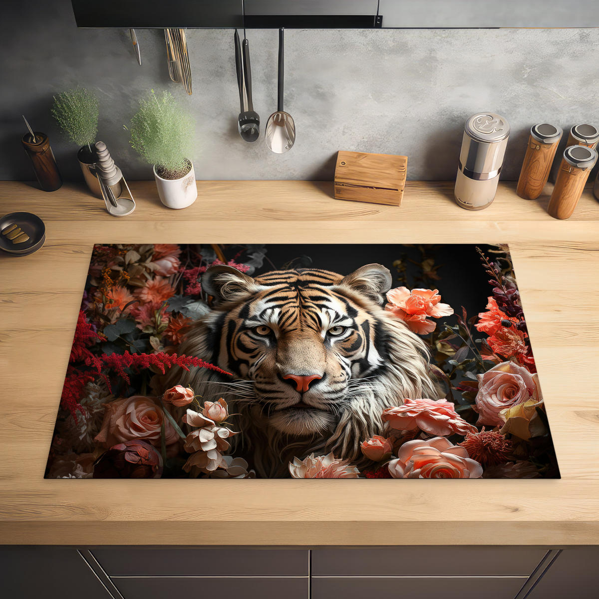 HERABDECKPLATTE - Tiger - Tier - Natur - Floral - Botanisch - 90x60 - Orange, Kunststoff (90/60/0.2cm) - MuchoWow