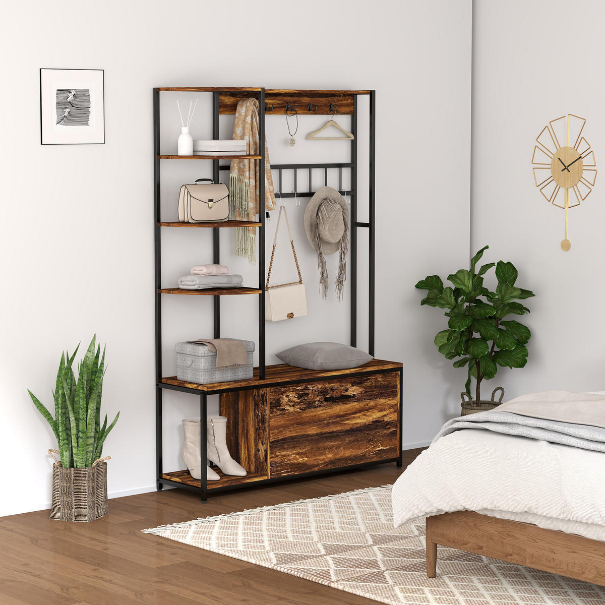 GARDEROBENSTÄNDER DE-17879 10 Haken & 2-stufiger Schuhschrank Braun - Braun, Holzwerkstoff (35/180/120cm) - ComfortXL