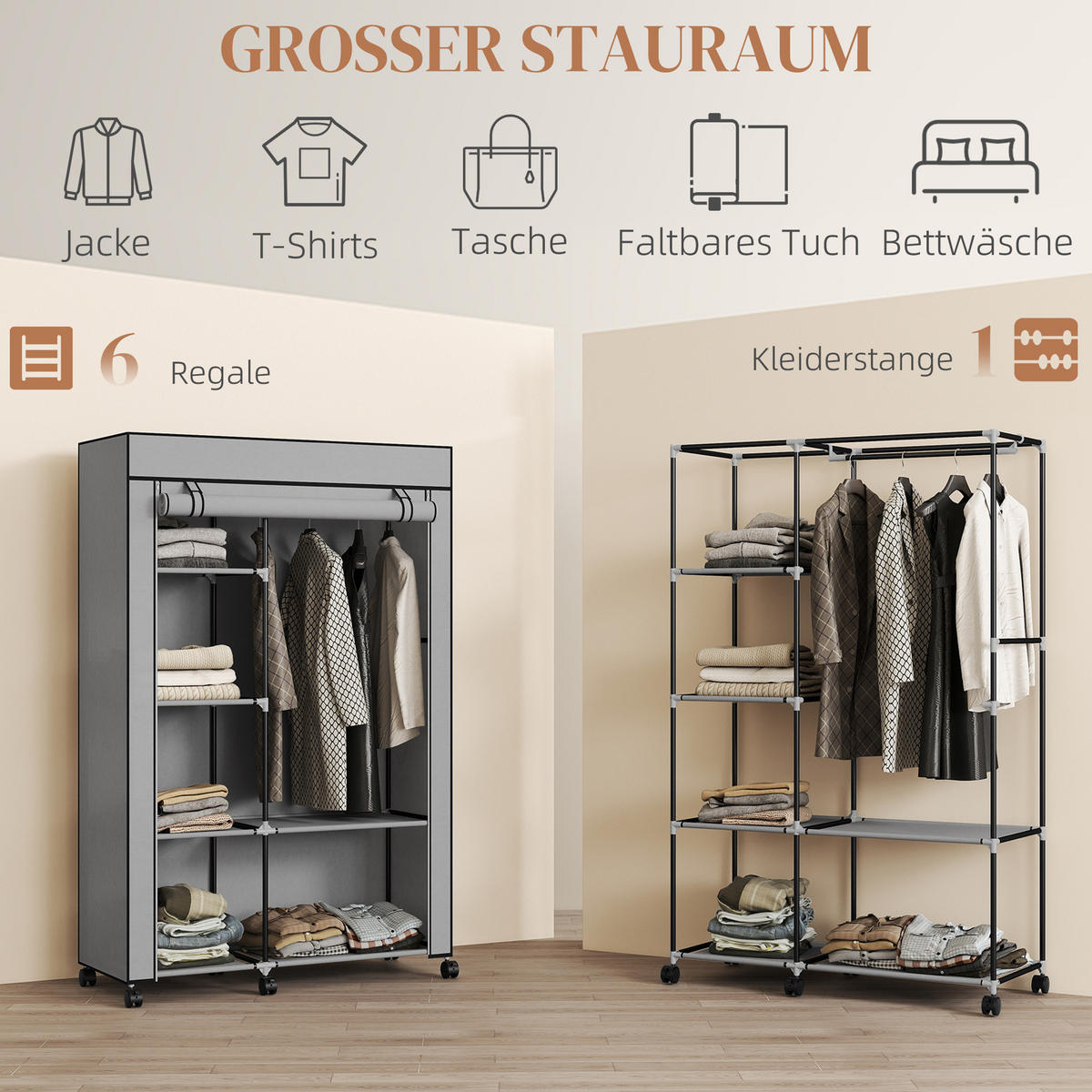 STOFFSCHRANK mit 6 Regalen und 1 Kleiderstange, platzsparende Aufbewahrungslösung in Hellgrau - Hellgrau, Metall (103/162.5/43cm)
