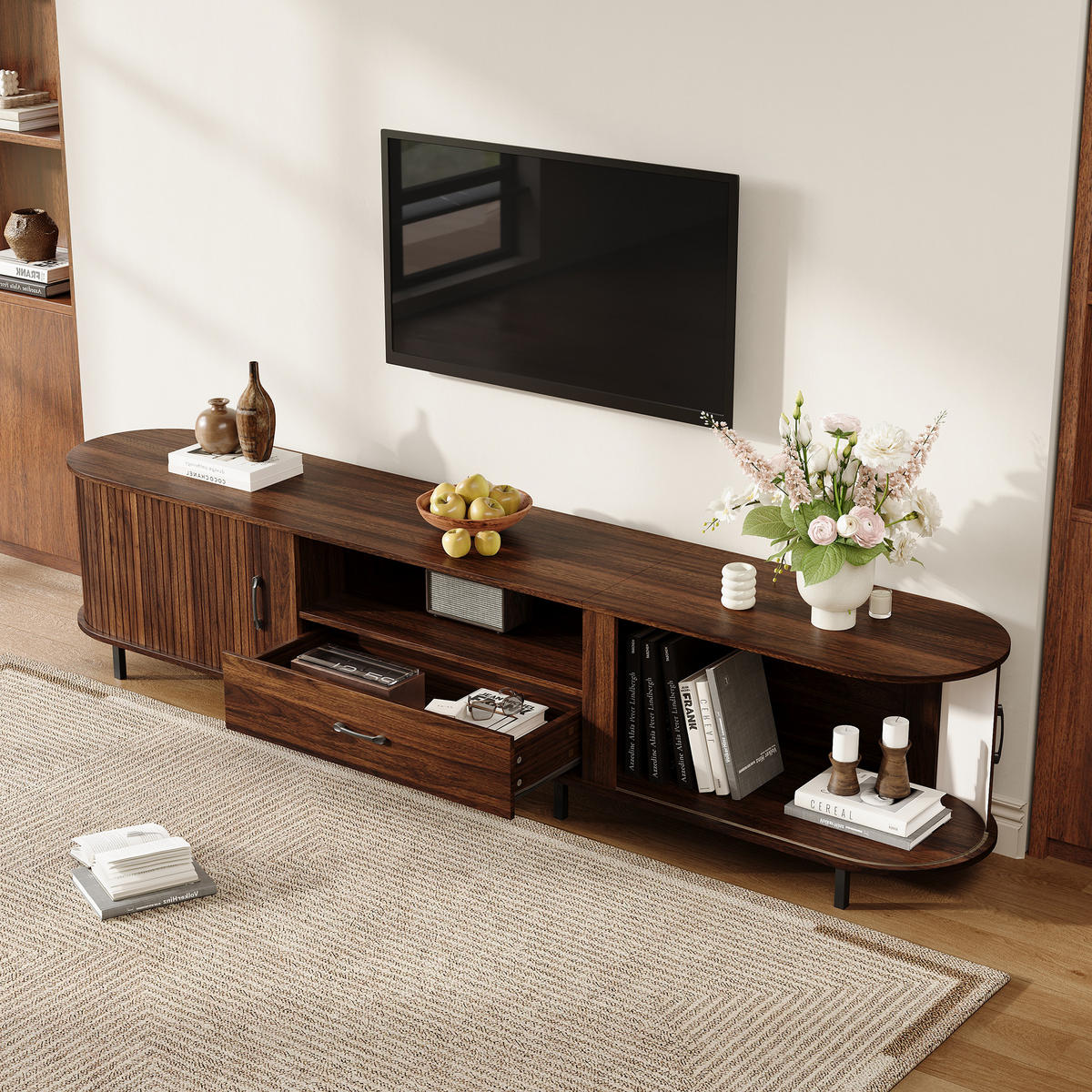 TV-SCHRANK 180/40/45 cm Walnuss mit 1 Schublade und 2 Schiebetüren - Nussbaumfarben, Holzwerkstoff/Metall (180/45/40cm) - Oxeza