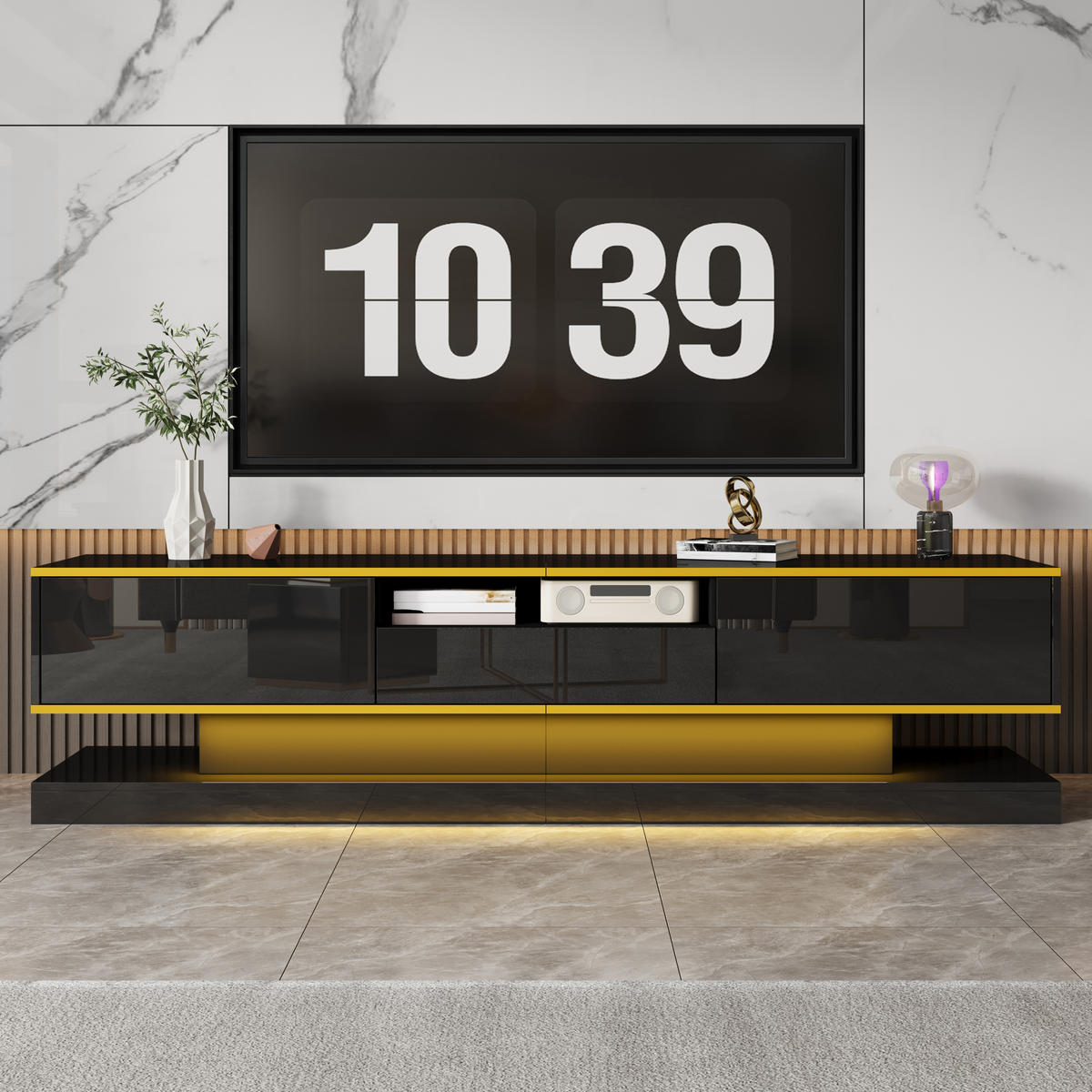 TV STOLEK černý a zlatý, 3 zásuvky, LED osvětlení, do obývacího pokoje, 180×38×45 cm - černá, kov/kompozitní dřevo (180/45/38cm) - STILVORA
