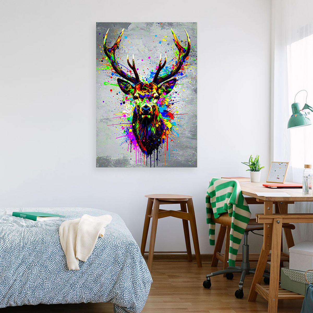 LEINWANDBILD Bunter Hirschkopf Abstrakt 40x60cm - Multicolor, Textil (40/60cm) - Feeby