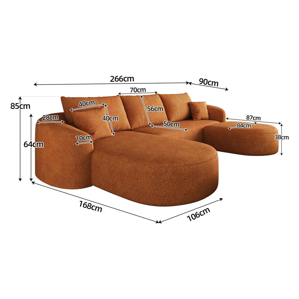 WOHNLANDSCHAFT Links, U-Form 266 cm ohne Montage, DE-34817, Orange - Orange, Textil (336/85/168cm) - ComfortXL