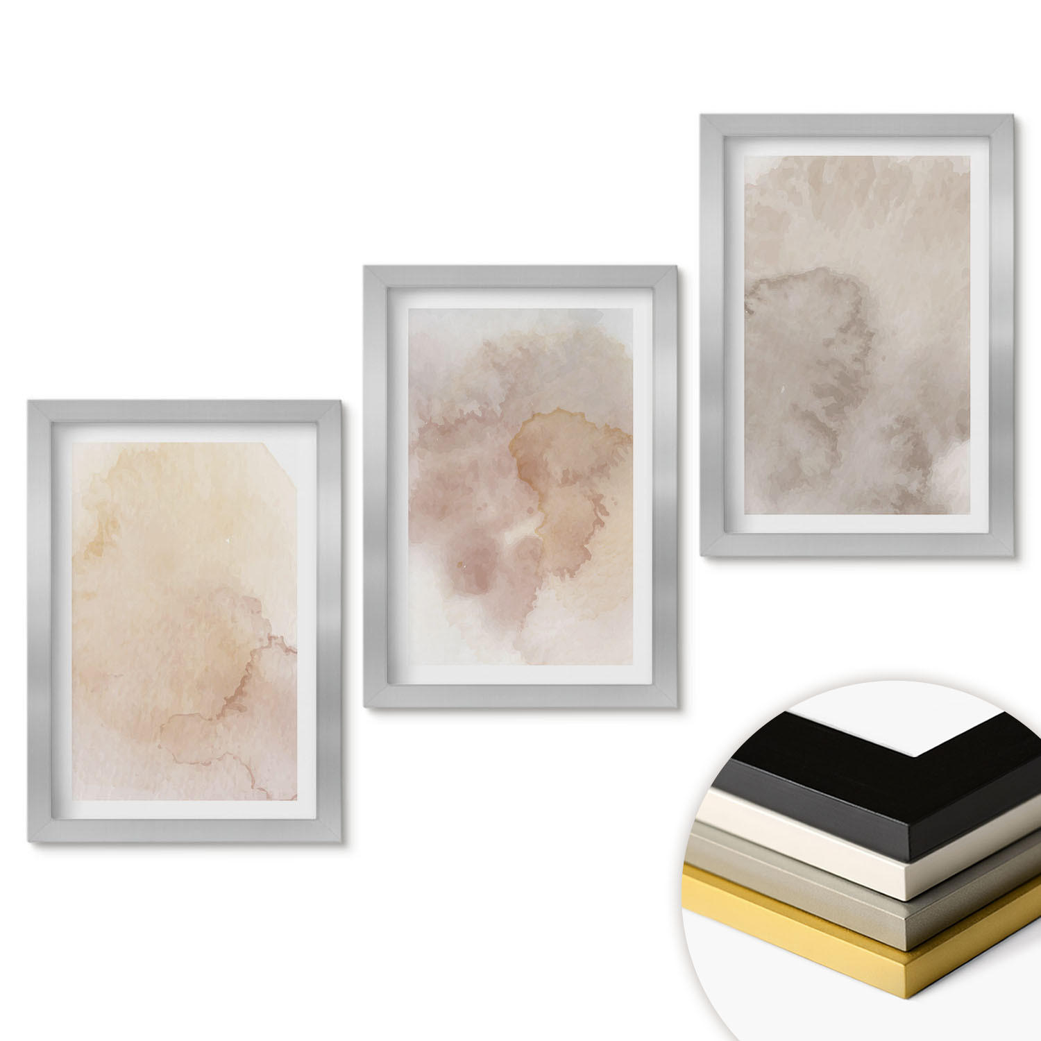 WANDBILDER 3er Set - 20x30 cm Silberner Rahmen - Warme Aquarell-Pastelltexturen - Silberfarben, Kunststoff (20/30cm) - ArtPrintCave