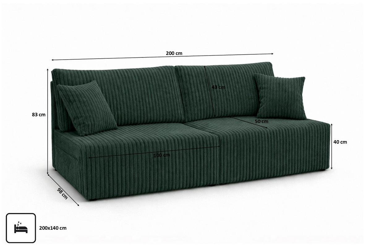 SOFA Mit Schlaffunktion Und Bettkasten, Cordstoff Tilia, Grün, BEST MINI - Grün, Holz (200/83/98cm) - Kaiser Möbel