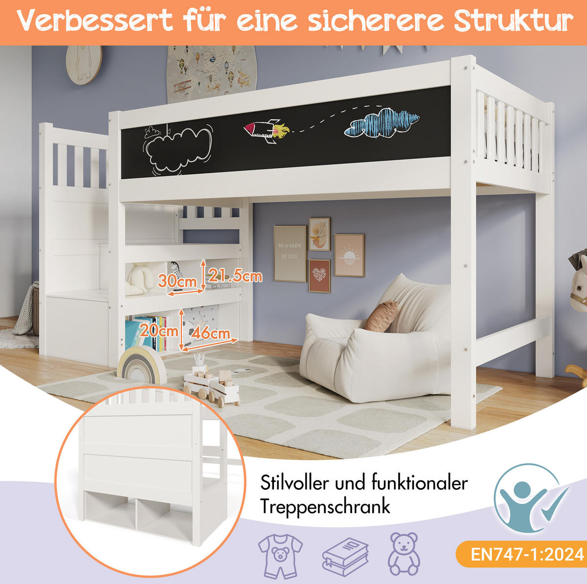 HOCHBETT 90/200 cm Weiß aus Massivholz und MDF mit Stauraum und Tafel - Weiß, Holzwerkstoff (90/200cm) - OKMYHOME