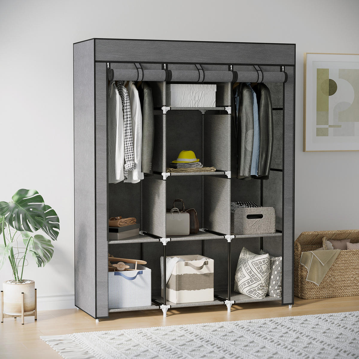 STOFFSCHRANK, Faltschrank, Kleiderschrank mit Kleiderstangen 8 Ebenen Dunkelgrau - Dunkelgrau, Metall (43/162.5/125cm) - HOMCOM