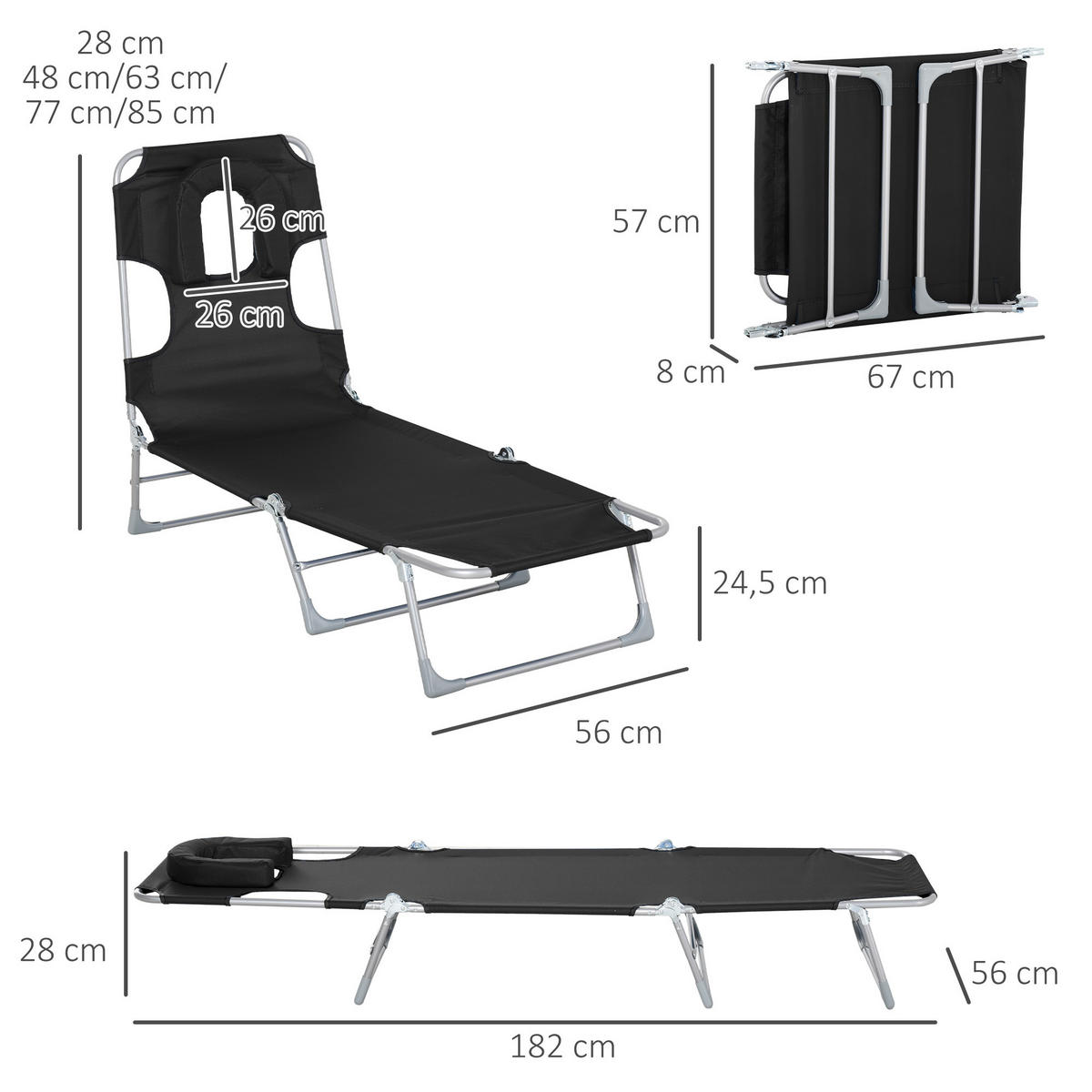 SONNENLIEGE Verstellbare und faltbare 182x56x28 cm ,Schwarz - Schwarz, Metall (56/28/182cm) - Vallsero